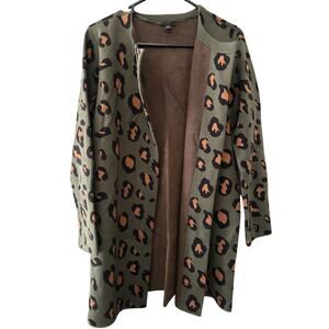 Ann Taylor Factory Cardigan Open Front Leopard Sweater Olive/Orange Size Medium